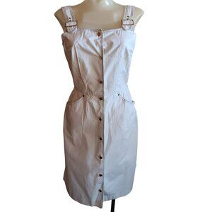 sz 8 Vtg Denim Pinafore Dress With Adjustable Brass Buckle Straps Chore Pockets